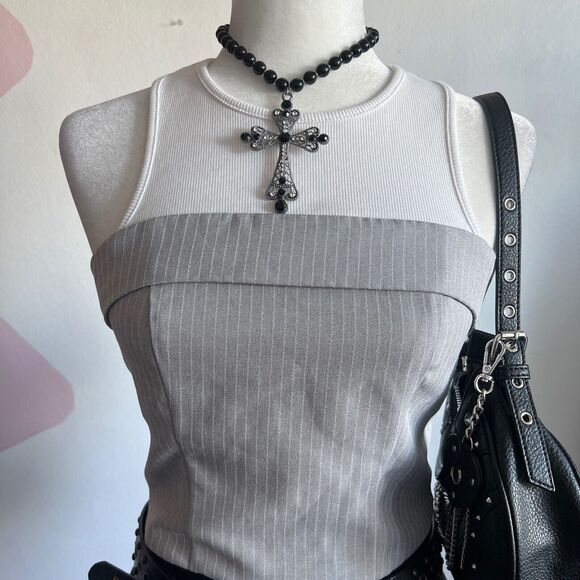 Gray Pinstripe Top, Preppy, Office Siren, Y2K, Minimalist, Small, Vintage - Picture 2 of 3